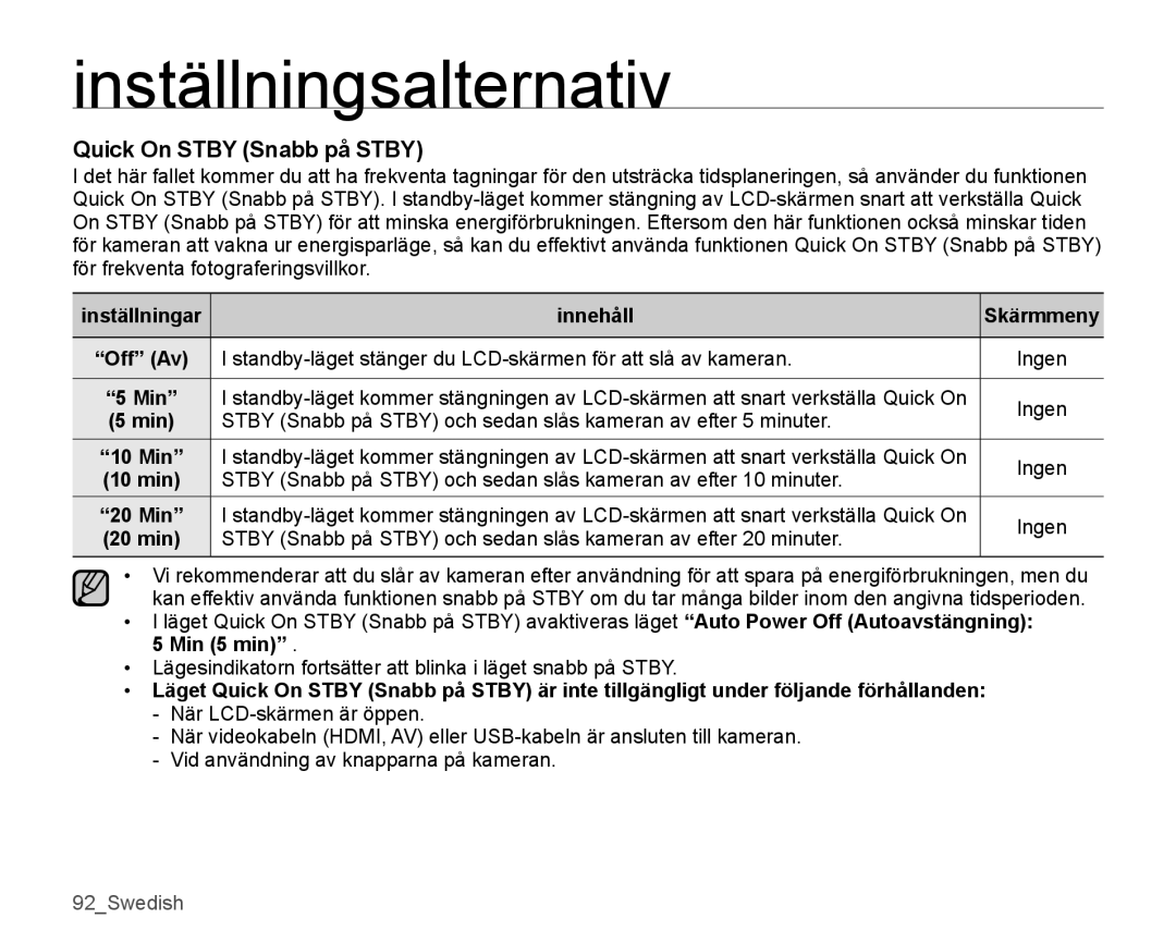 Samsung SMX-K40BP/EDC, SMX-K45BP/EDC, SMX-K40LP/EDC, SMX-K45LP/EDC manual Quick On Stby Snabb på Stby, 10 Min, 20 Min 