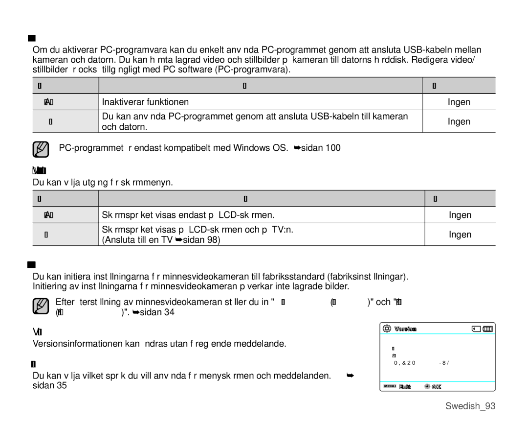 Samsung SMX-K45LP/EDC, SMX-K45BP/EDC, SMX-K40LP/EDC, SMX-K40BP/EDC manual Version, Language, Ställ datum/tid. sidan 