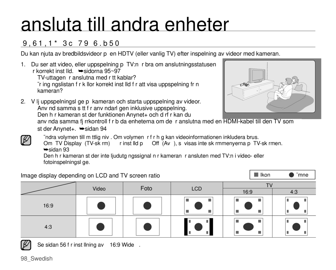 Samsung SMX-K45BP/EDC, SMX-K40LP/EDC manual Visning PÅ TV-SKÄRM, Image display depending on LCD and TV screen ratio, Video 