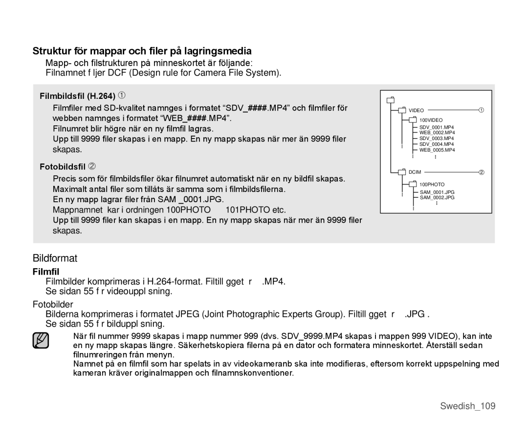 Samsung SMX-K45LP/EDC, SMX-K45BP/EDC manual Struktur för mappar och filer på lagringsmedia, Bildformat, Filmfil, Fotobilder 
