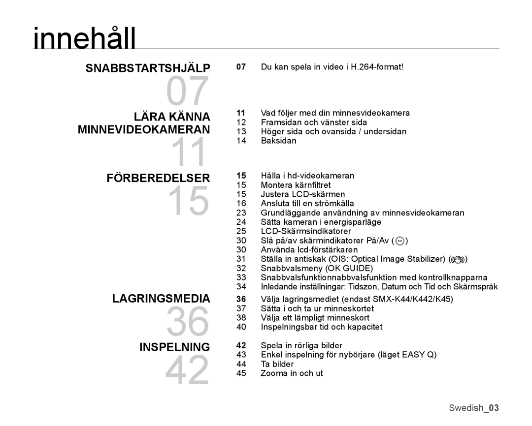 Samsung SMX-K40LP/EDC, SMX-K45BP/EDC, SMX-K40BP/EDC, SMX-K45LP/EDC manual Innehåll 