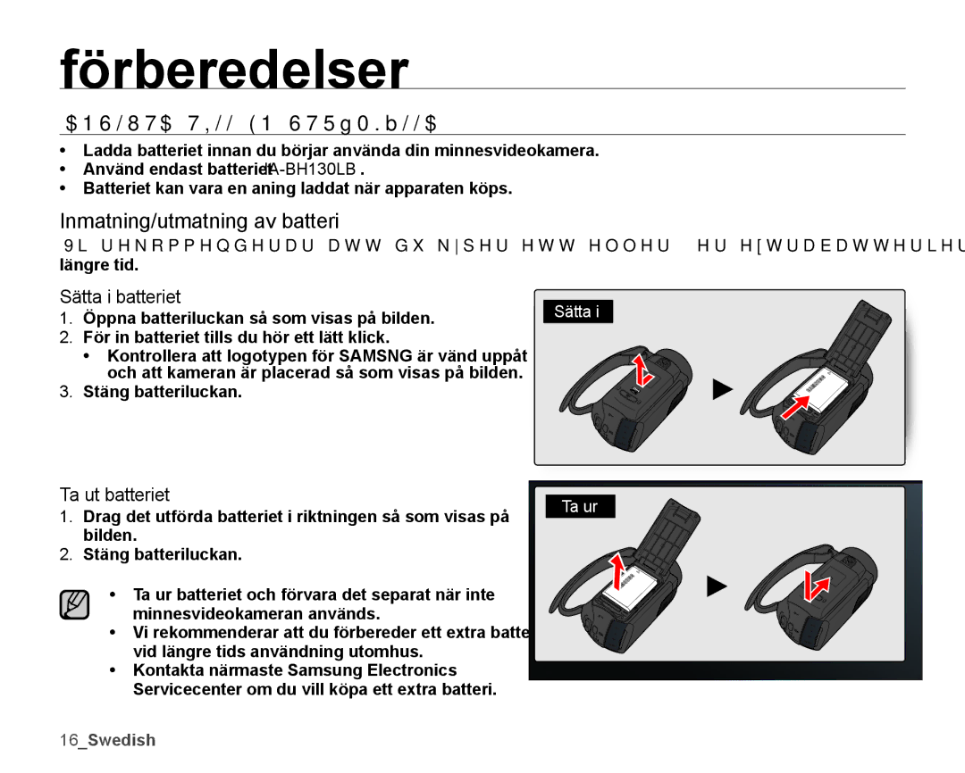 Samsung SMX-K40BP/EDC, SMX-K45BP/EDC, SMX-K40LP/EDC manual Ansluta Till EN Strömkälla, Sätta i batteriet, Ta ut batteriet 