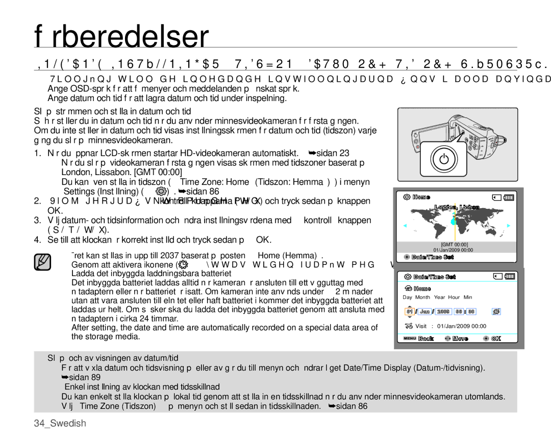 Samsung SMX-K45BP/EDC manual Slå på strömmen och ställa in datum och tid, Ladda det inbyggda laddningsbara batteriet 