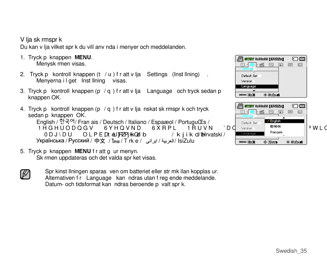 Samsung SMX-K40LP/EDC, SMX-K45BP/EDC, SMX-K40BP/EDC, SMX-K45LP/EDC manual Välja skärmspråk 