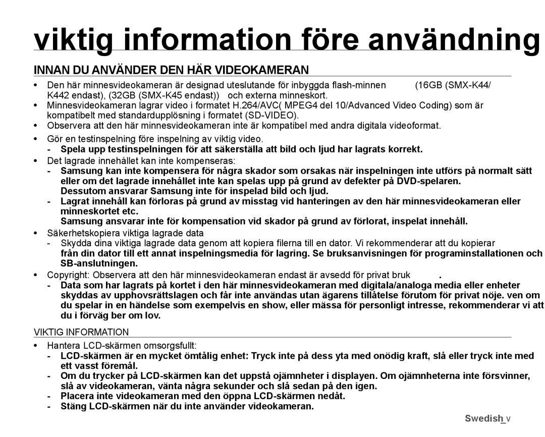 Samsung SMX-K40LP/EDC, SMX-K45BP/EDC manual Viktig information före användning, Innan DU Använder DEN HÄR Videokameran 