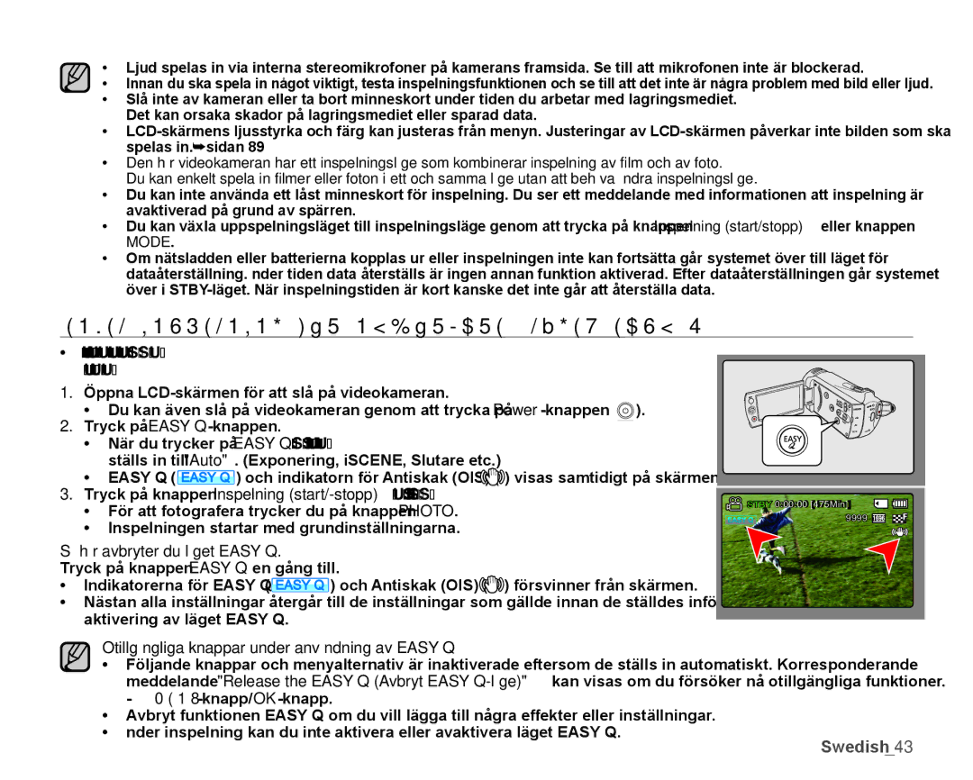 Samsung SMX-K40LP/EDC, SMX-K45BP/EDC manual Enkel Inspelning FÖR Nybörjare Läget Easy Q, Så här avbryter du läget Easy Q 