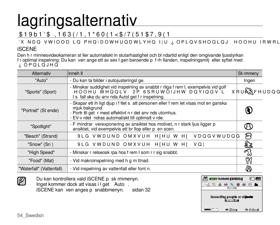 Samsung SMX-K45BP/EDC, SMX-K40LP/EDC, SMX-K40BP/EDC Använda Inspelningsmenyalternativen, Iscene, Innehåll, Auto, Spotlight 