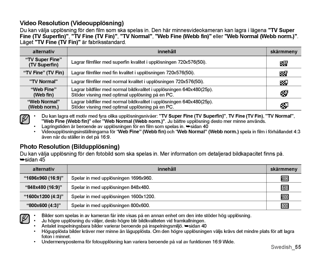 Samsung SMX-K40LP/EDC, SMX-K45BP/EDC, SMX-K40BP/EDC manual Video Resolution Videoupplösning, Photo Resolution Bildupplösning 