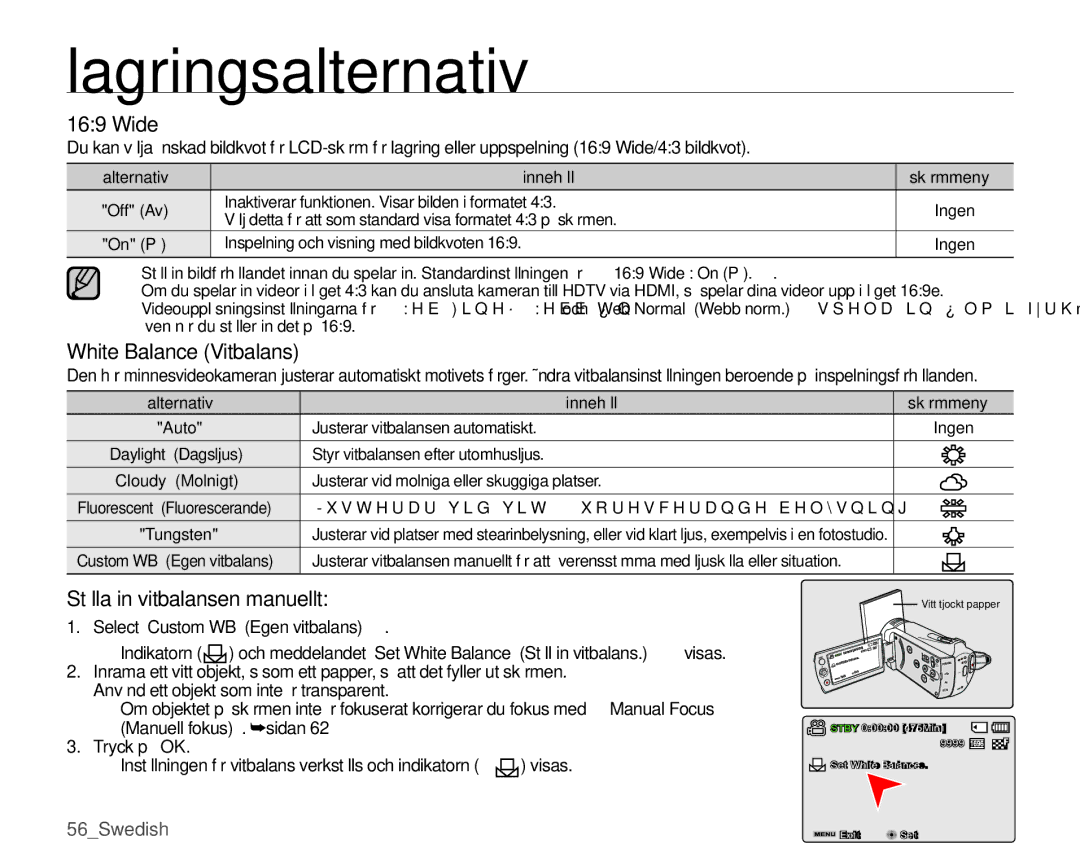 Samsung SMX-K40BP/EDC, SMX-K45BP/EDC, SMX-K40LP/EDC manual Wide, White Balance Vitbalans, Ställa in vitbalansen manuellt 