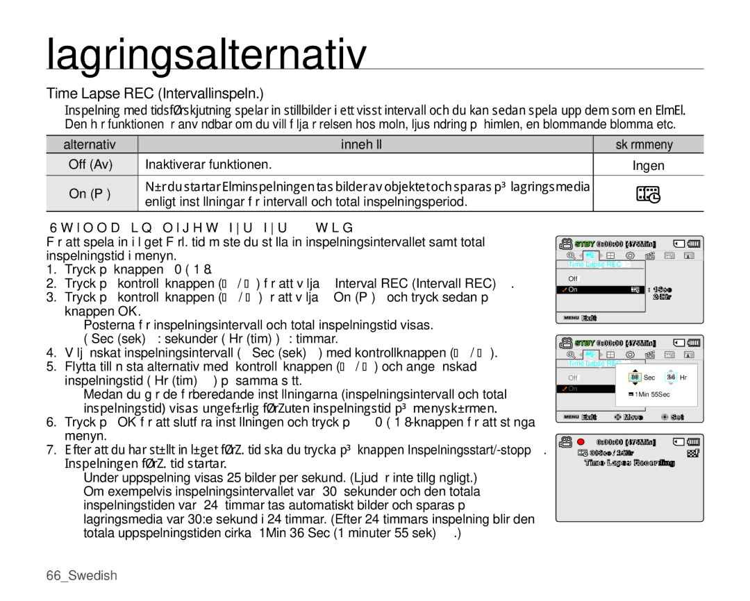 Samsung SMX-K45BP/EDC, SMX-K40LP/EDC, SMX-K40BP/EDC Time Lapse REC Intervallinspeln, Inaktiverar funktionen Ingen, On På 