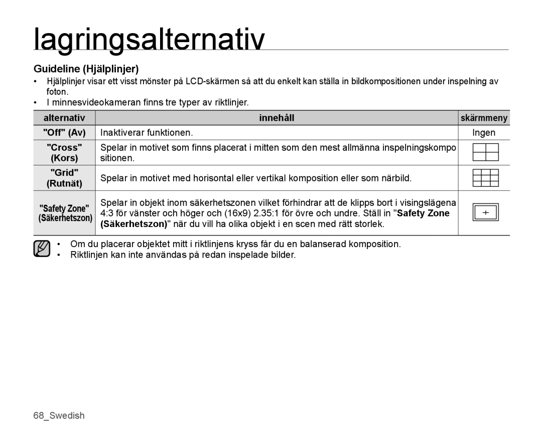 Samsung SMX-K40BP/EDC, SMX-K45BP/EDC, SMX-K40LP/EDC, SMX-K45LP/EDC Guideline Hjälplinjer, Kors Sitionen, Cross, Grid, Rutnät 