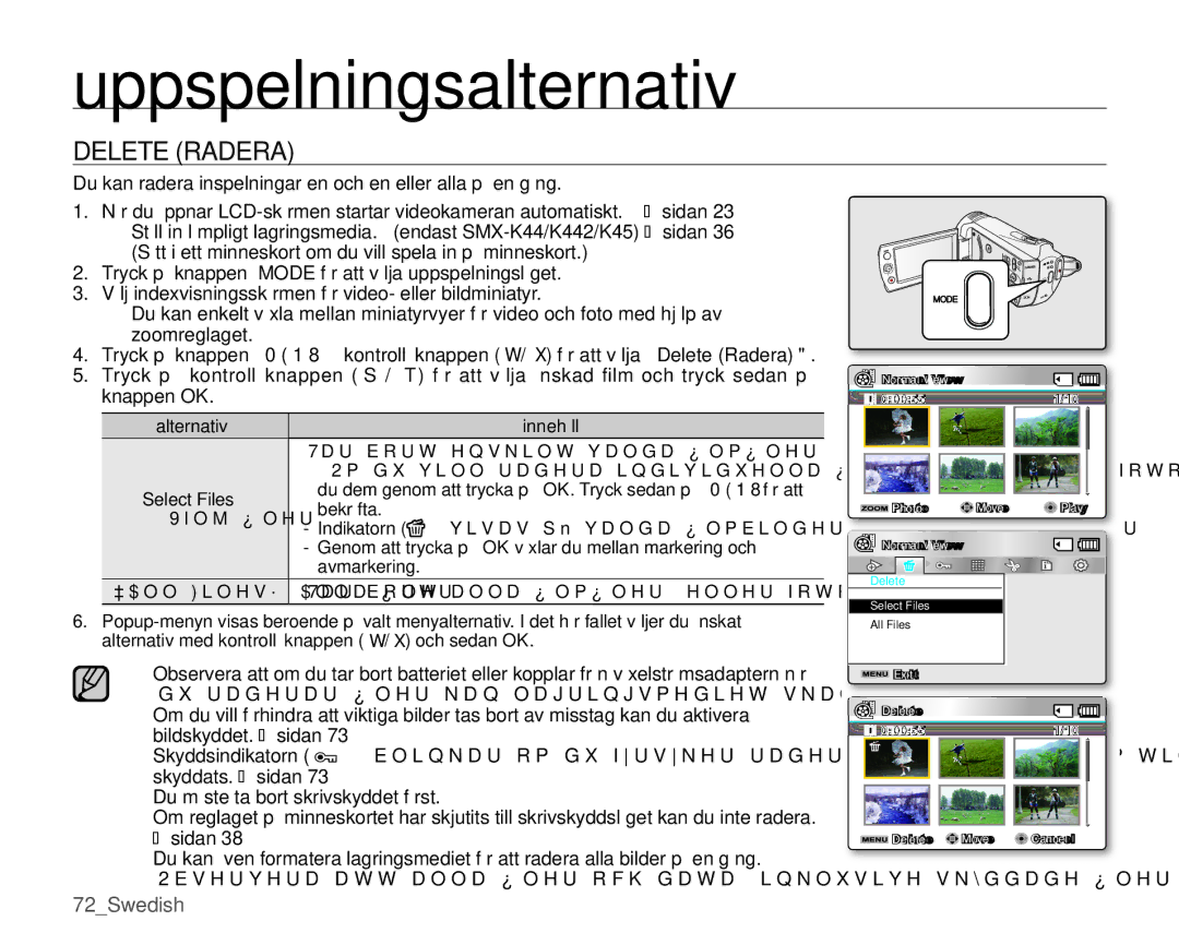 Samsung SMX-K40BP/EDC, SMX-K45BP/EDC, SMX-K40LP/EDC, SMX-K45LP/EDC manual Delete Radera, Alternativ Innehåll 