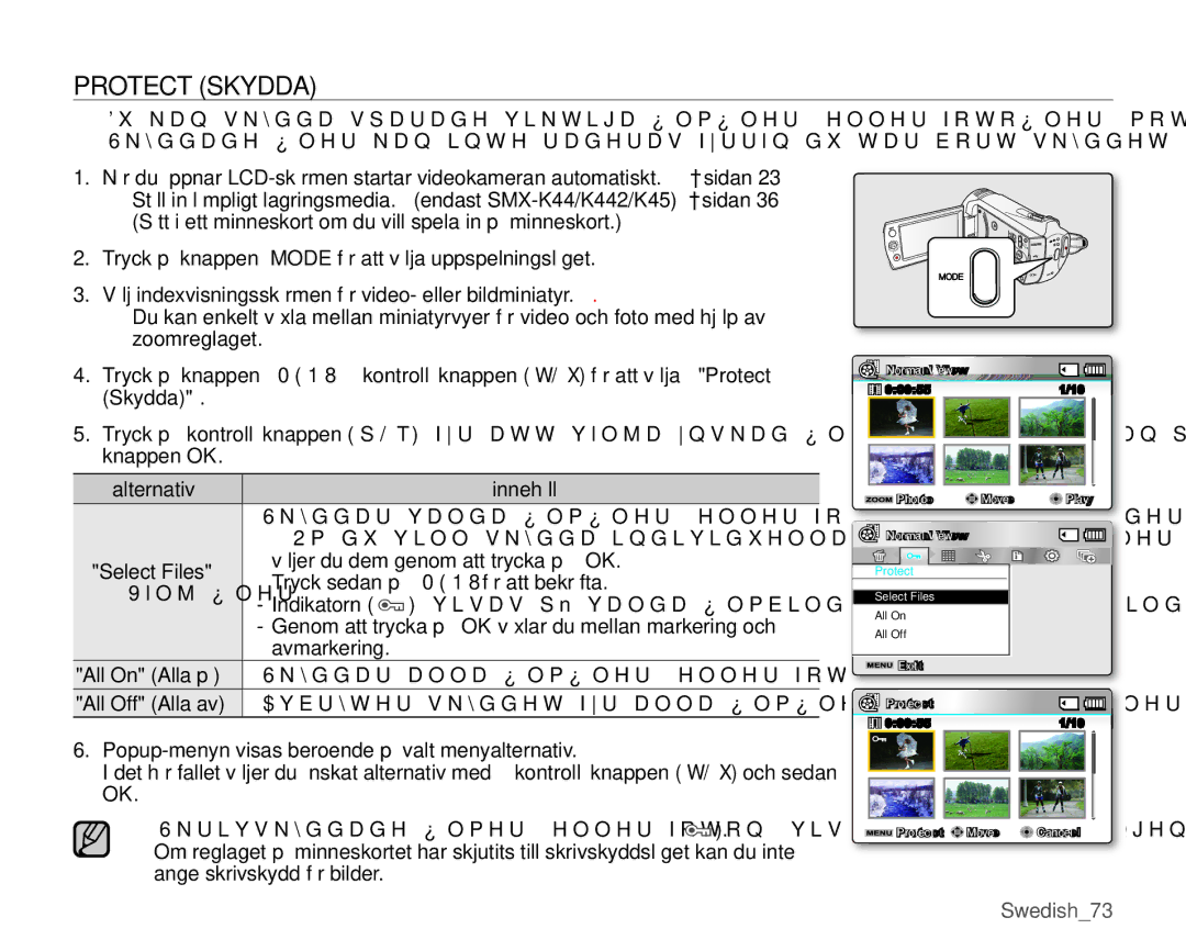 Samsung SMX-K45LP/EDC, SMX-K45BP/EDC manual Protect Skydda, Select Files, Välj filer, All On Alla på, All Off Alla av 