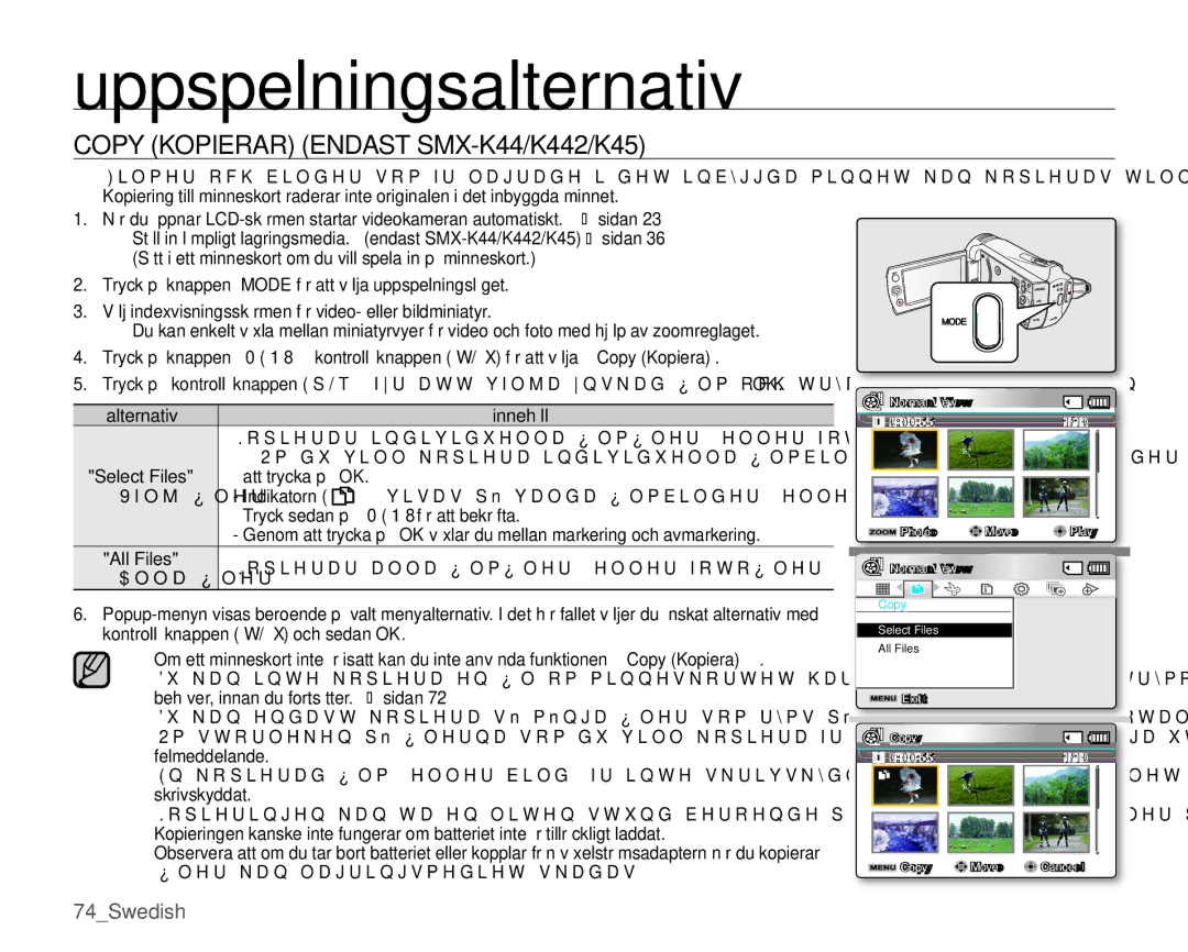 Samsung SMX-K45BP/EDC, SMX-K40LP/EDC, SMX-K40BP/EDC manual Copy Kopierar Endast SMX-K44/K442/K45, Select Files, All Files 