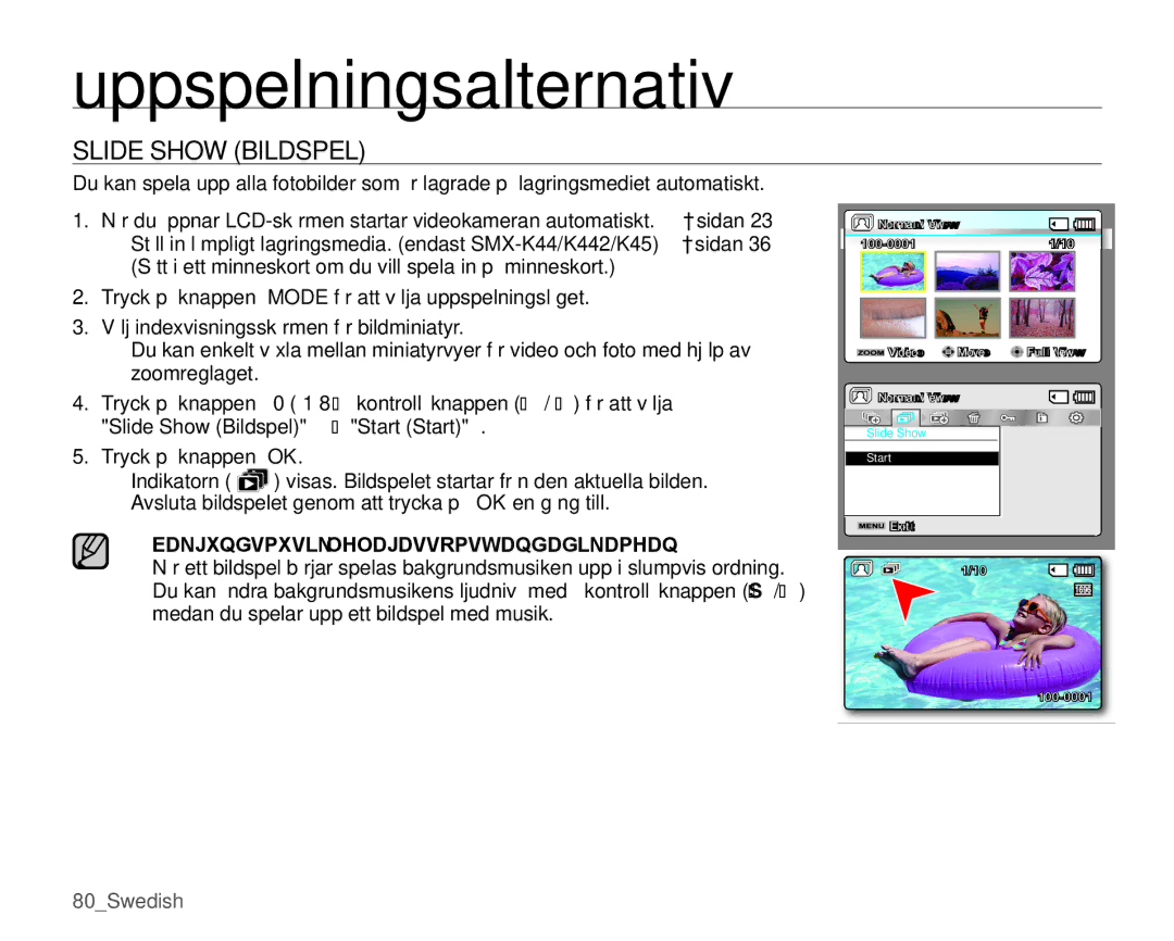 Samsung SMX-K40BP/EDC, SMX-K45BP/EDC, SMX-K40LP/EDC, SMX-K45LP/EDC manual Slide Show Bildspel 