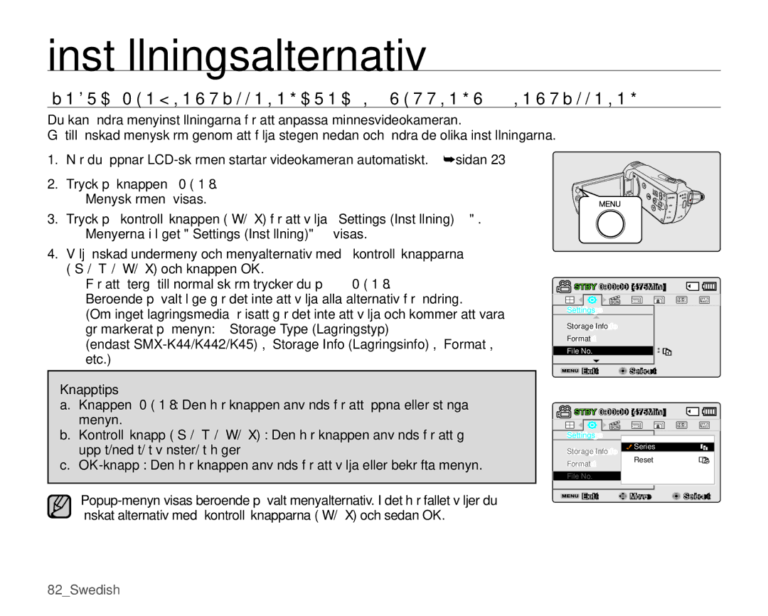 Samsung SMX-K45BP/EDC, SMX-K40LP/EDC manual Inställningsalternativ, Ändra Menyinställningarna I Settings Inställning 