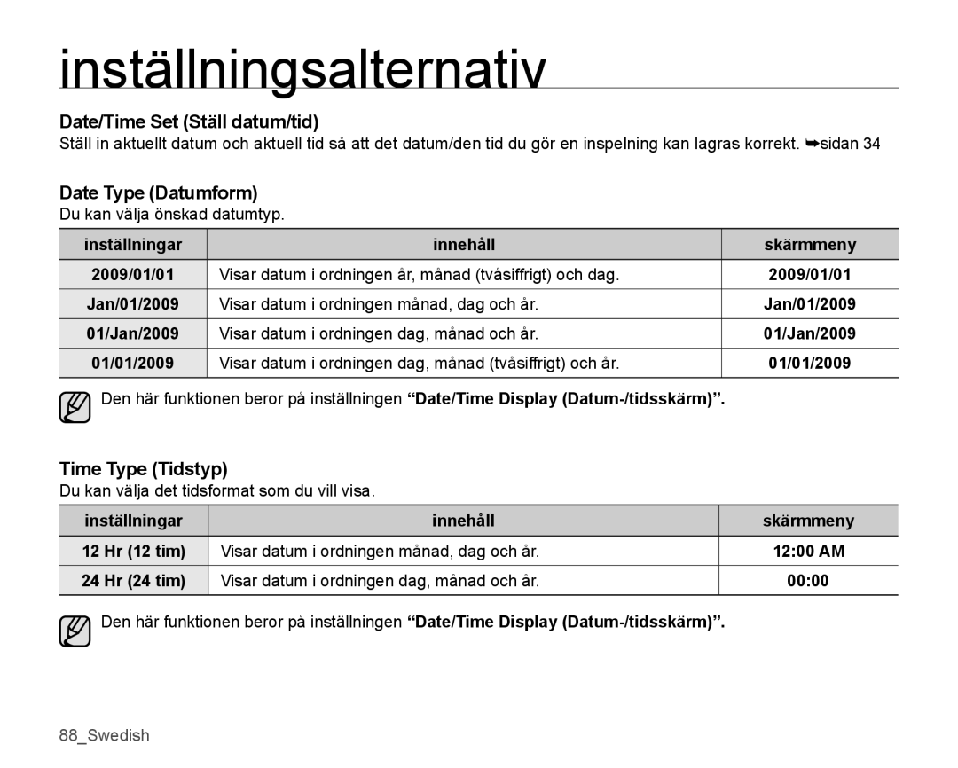 Samsung SMX-K40BP/EDC, SMX-K45BP/EDC, SMX-K40LP/EDC Date/Time Set Ställ datum/tid, Date Type Datumform, Time Type Tidstyp 