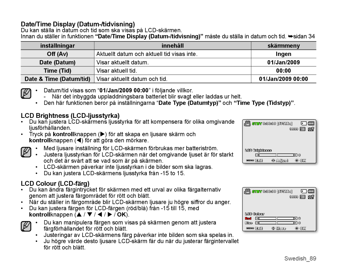 Samsung SMX-K45LP/EDC manual Date/Time Display Datum-/tidvisning, LCD Brightness LCD-ljusstyrka, LCD Colour LCD-färg 