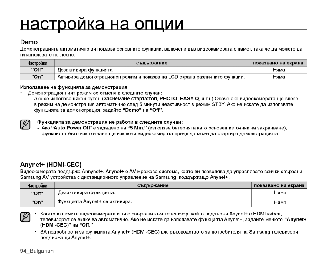 Samsung SMX-K44LP/EDC, SMX-K45BP/EDC manual Demo, Anynet+ HDMI-CEC, Функцията за демонстрация не работи в следните случаи 