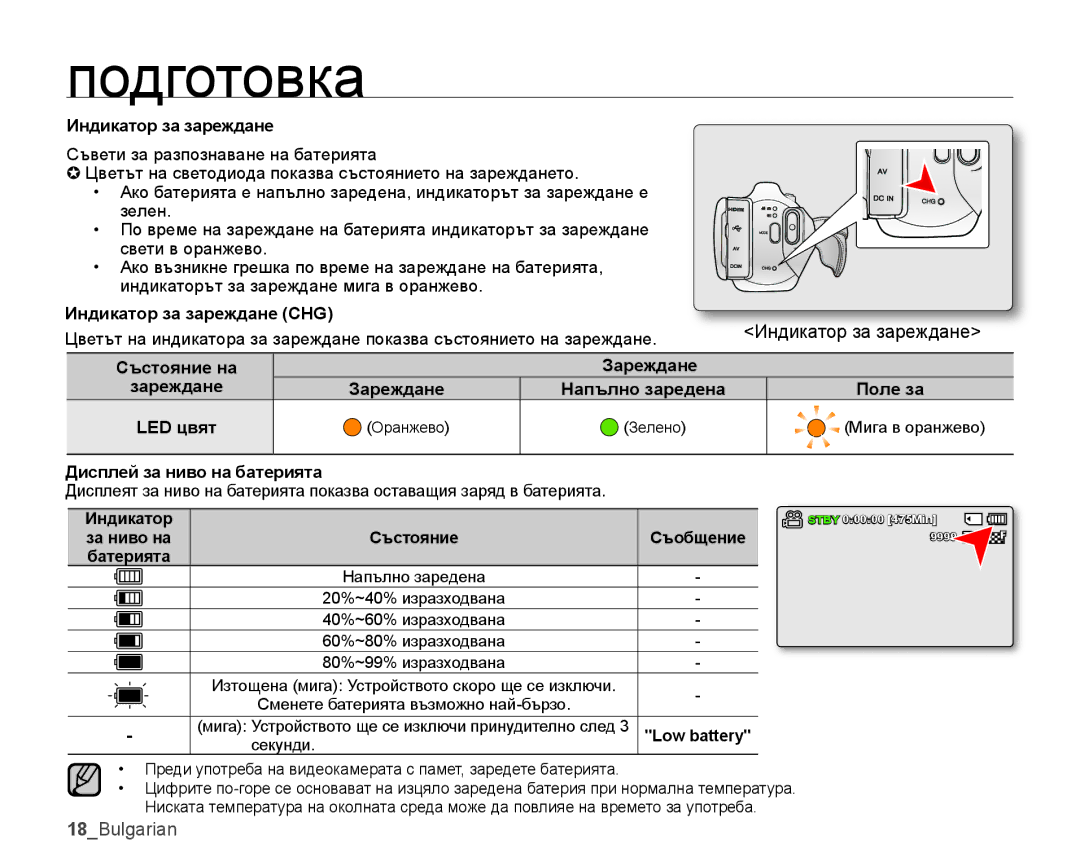 Samsung SMX-K44SP/EDC Зареждане, Дисплей за ниво на батерията, Индикатор, За ниво на Състояние, Батерията, Low battery 