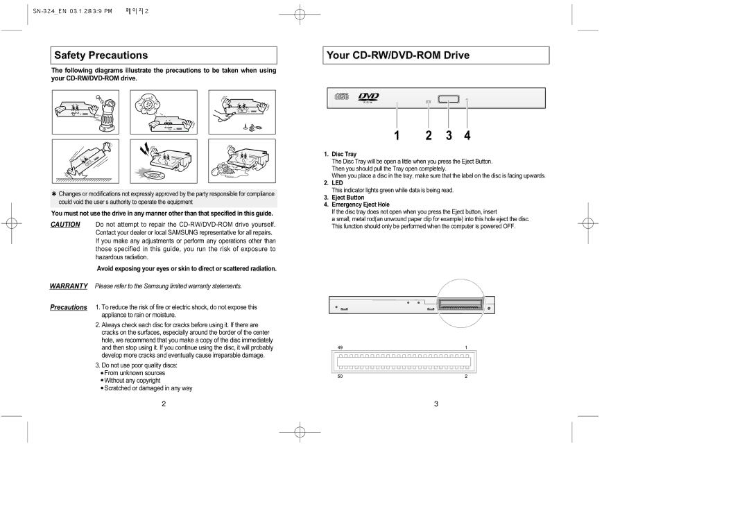 Samsung SN-324 manual Safety Precautions, Your CD-RW/DVD-ROM Drive 