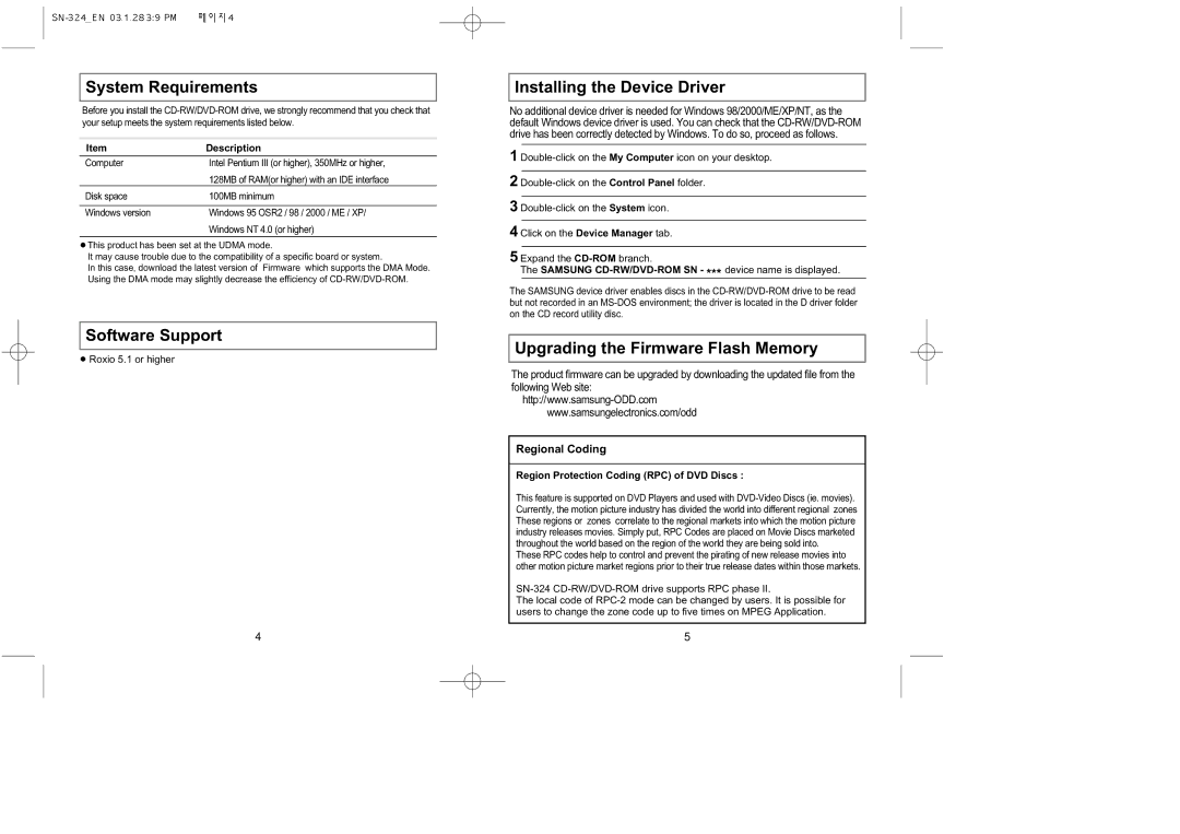 Samsung SN-324 System Requirements, Software Support, Installing the Device Driver, Upgrading the Firmware Flash Memory 