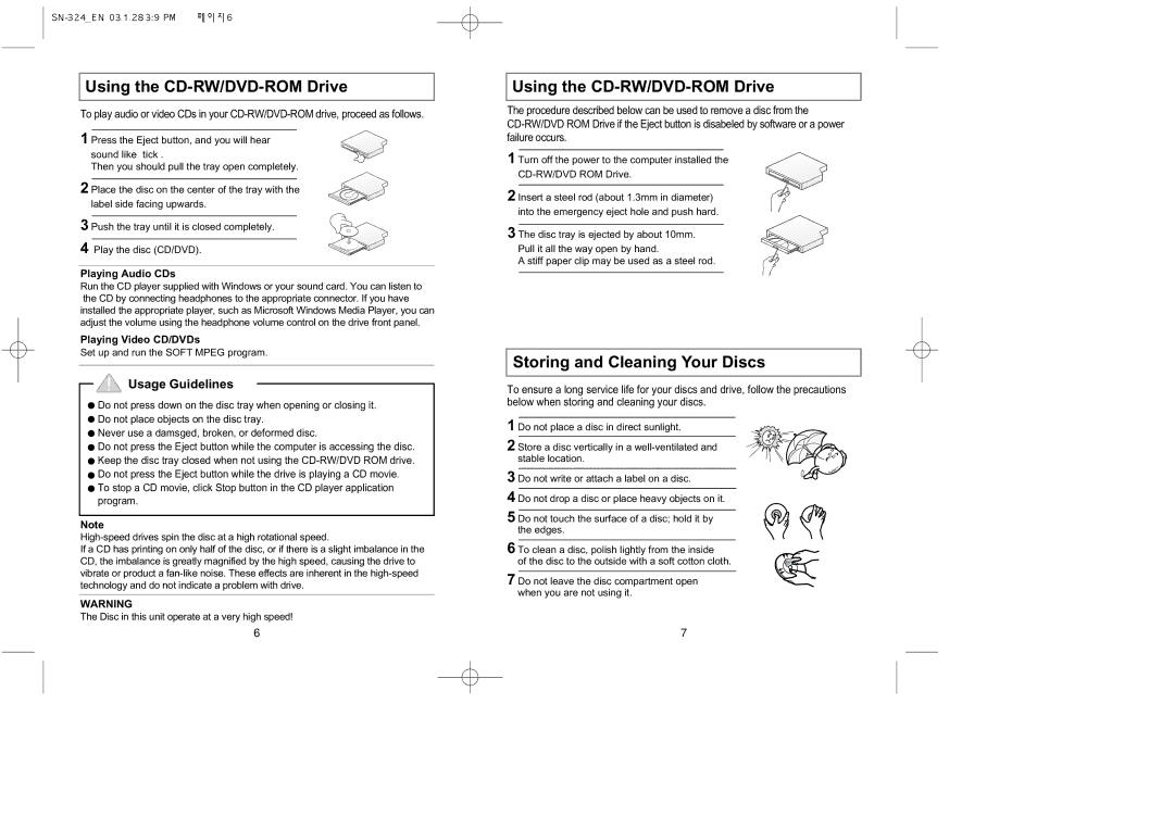 Samsung SN-324 Using the CD-RW/DVD-ROM Drive, Storing and Cleaning Your Discs, Playing Audio CDs, Playing Video CD/DVDs 