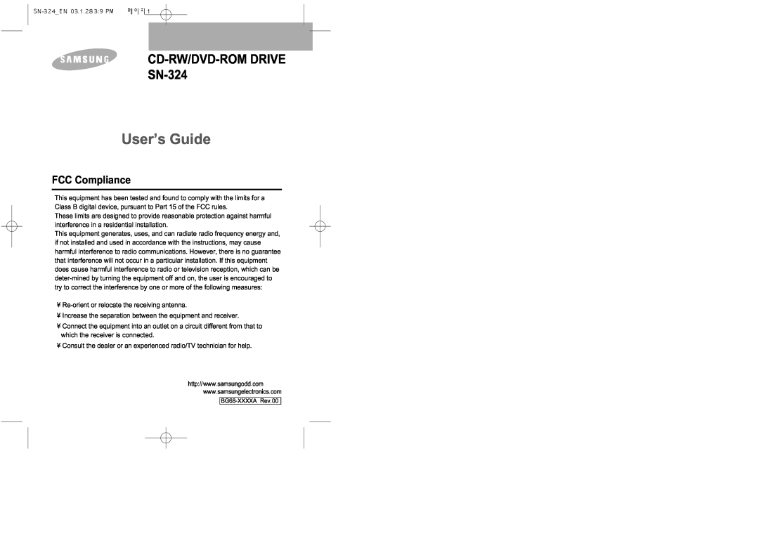 Samsung manual CD-RW/DVD-ROM DRIVE SN-324, User’s Guide, FCC Compliance 