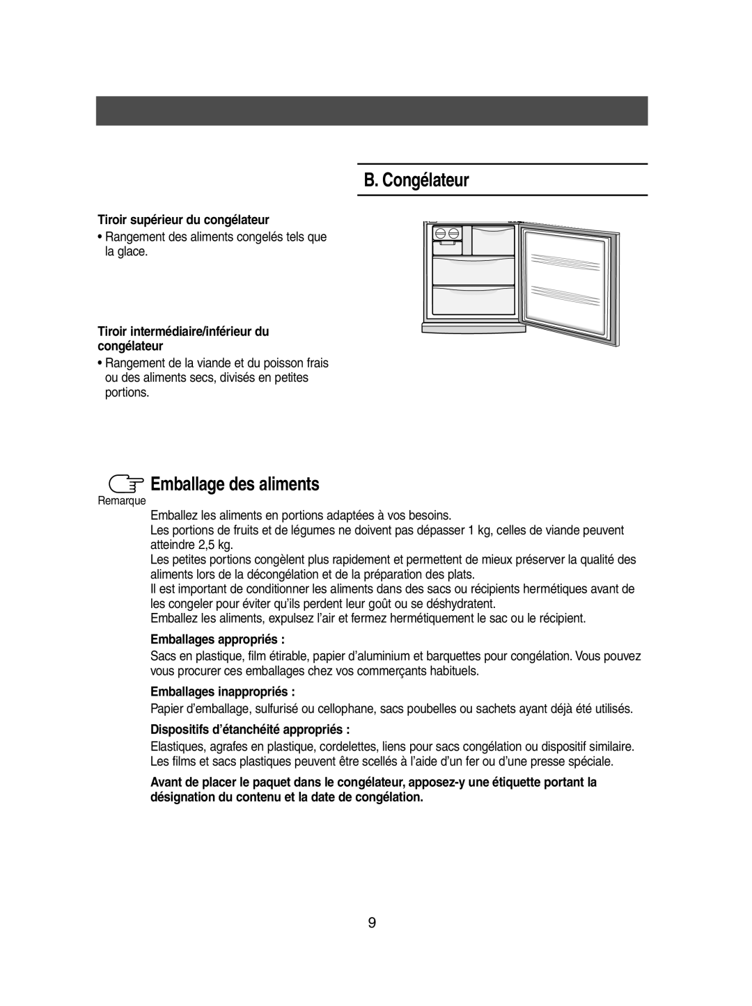 Samsung SN623ECSWQ/XEF, SN621EPNSQ/XEF, SN623EPNSQ/XEF manual Congélateur, Emballage des aliments 