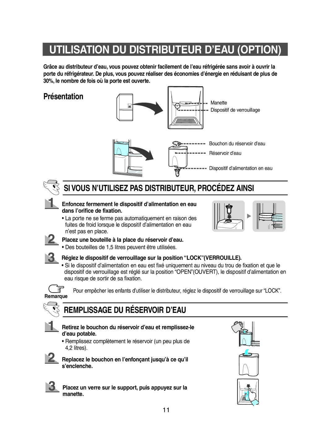 Samsung SN621EPNSQ/XEF Présentation, SI Vous N’UTILISEZ PAS DISTRIBUTEUR, Procédez Ainsi, Remplissage DU Réservoir D’EAU 