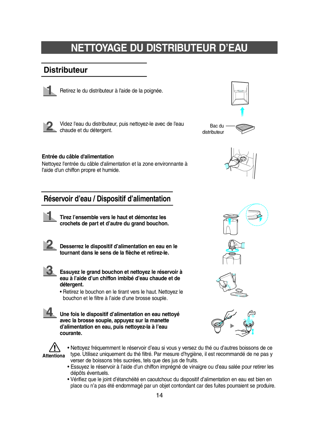 Samsung SN621EPNSQ/XEF, SN623ECSWQ/XEF manual Nettoyage DU Distributeur D’EAU, Réservoir d’eau / Dispositif d’alimentation 