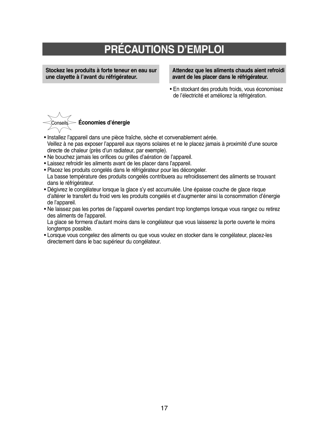 Samsung SN621EPNSQ/XEF, SN623ECSWQ/XEF, SN623EPNSQ/XEF manual Précautions D’EMPLOI, Conseils Économies d’énergie 