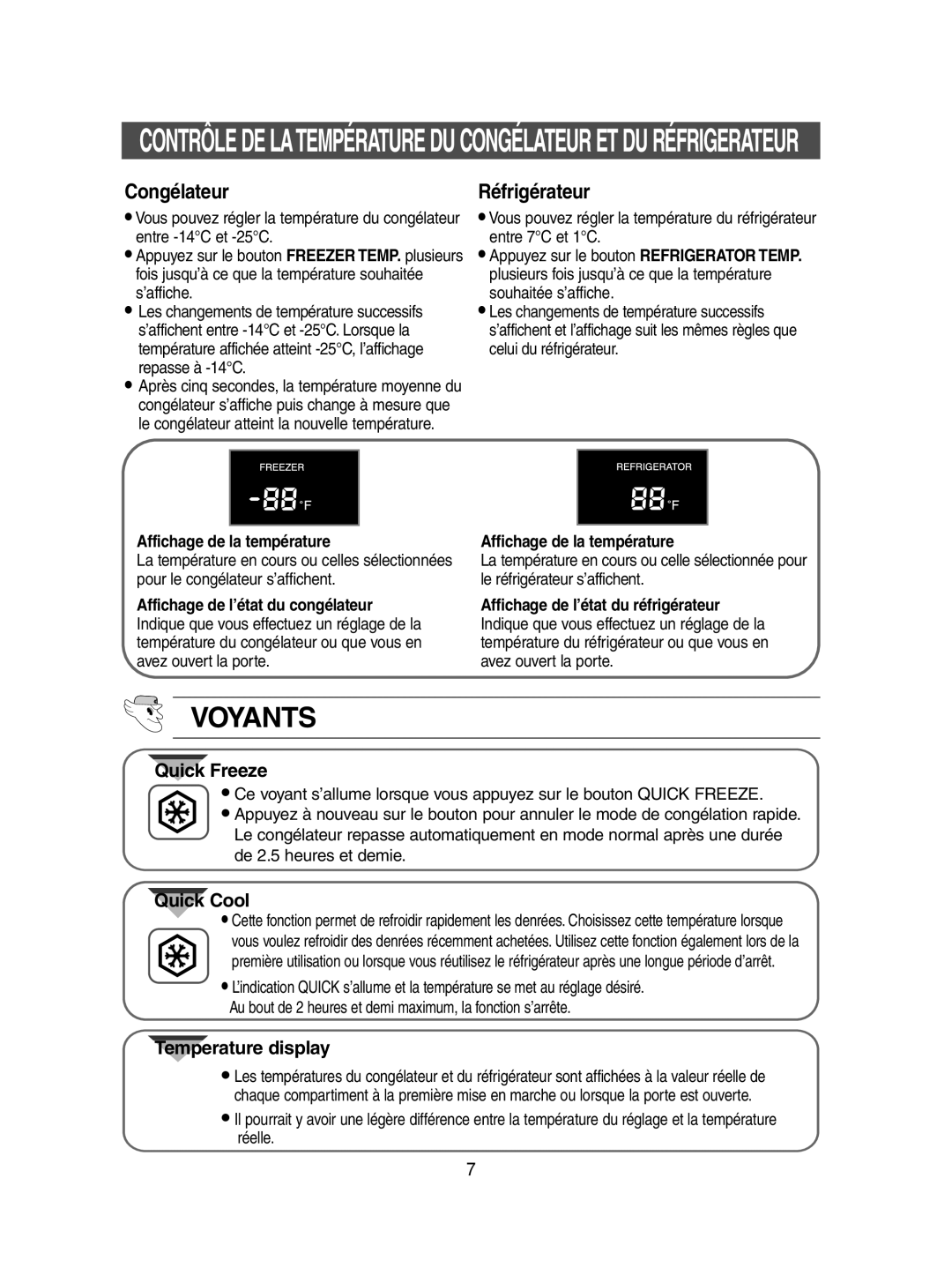 Samsung SN623EPNSQ/XEF, SN621EPNSQ/XEF, SN623ECSWQ/XEF manual Congélateur, Affichage de la température 