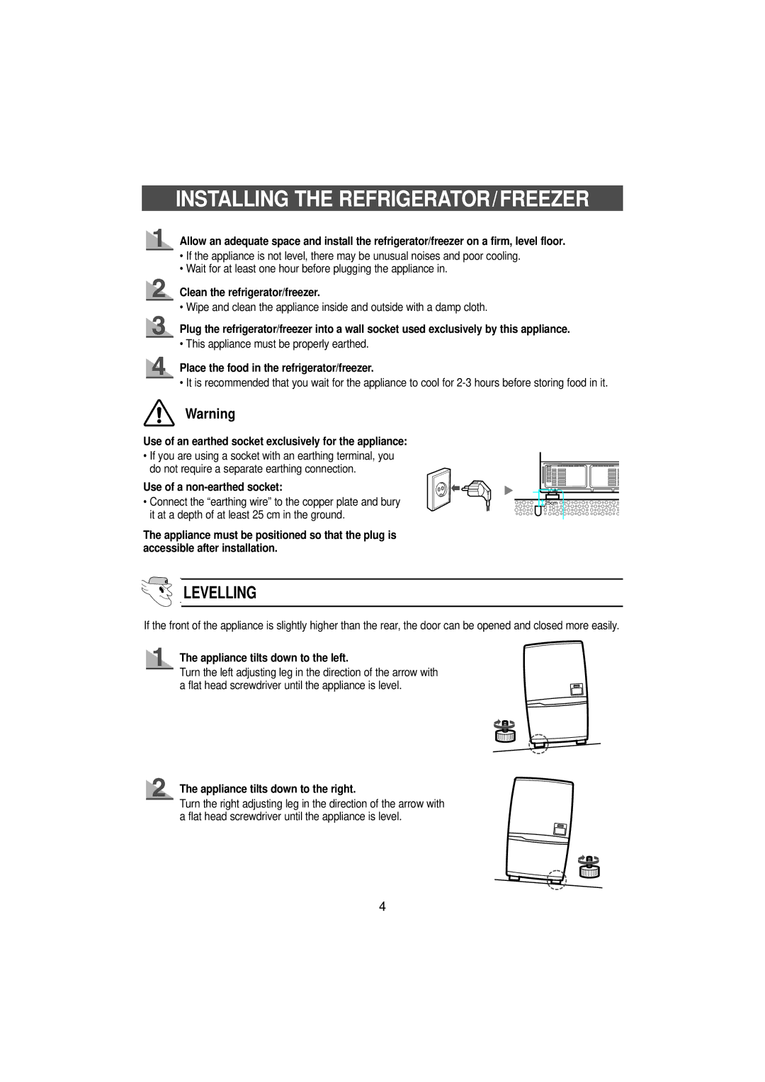 Samsung SN627EPNSQ/XEH manual Installing the REFRIGERATOR/FREEZER, Levelling 