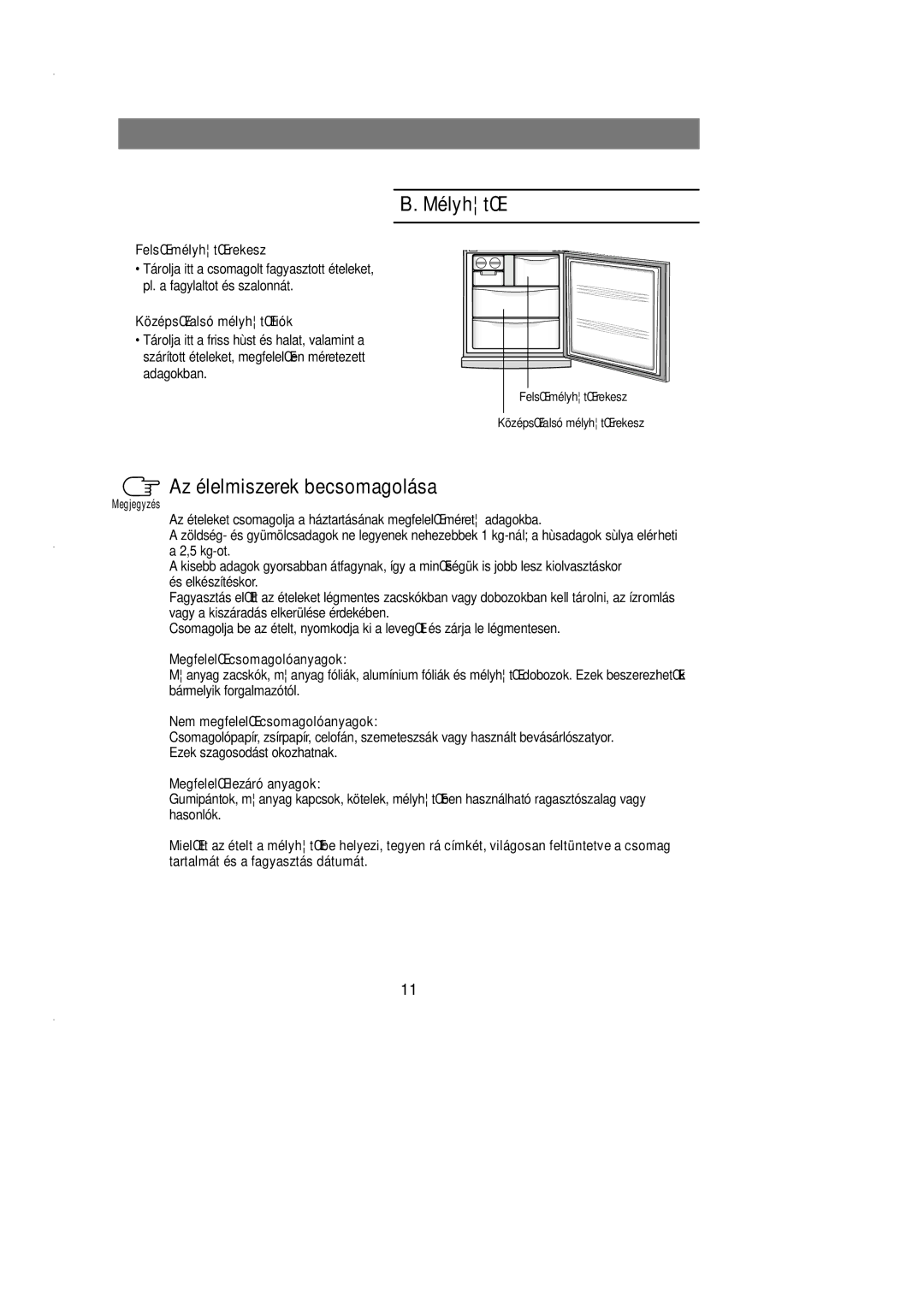 Samsung SN627EPNSQ/XEH manual FelsŒ mélyhtŒ rekesz, KözépsŒ/alsó mélyhtŒfiók, MegfelelŒ csomagolóanyagok 