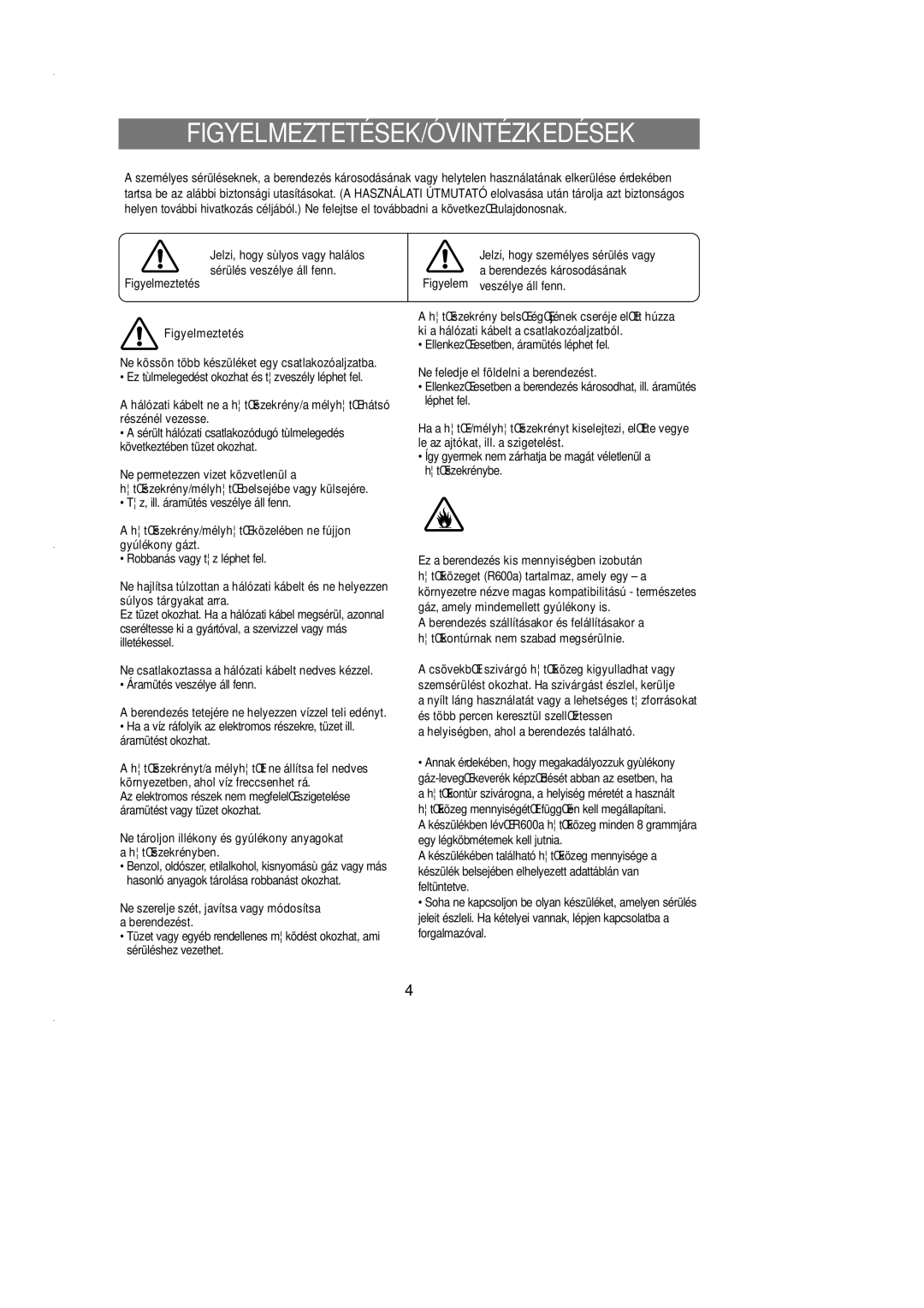 Samsung SN627EPNSQ/XEH manual Figyelmeztetések/Óvintézkedések 