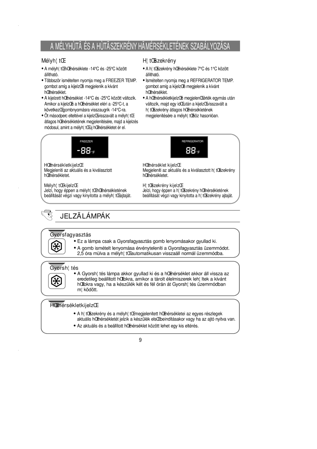 Samsung SN627EPNSQ/XEH manual Jelzãlámpák, Gyorsfagyasztás, Gyorshtés, HŒmérsékletkijelzŒ 