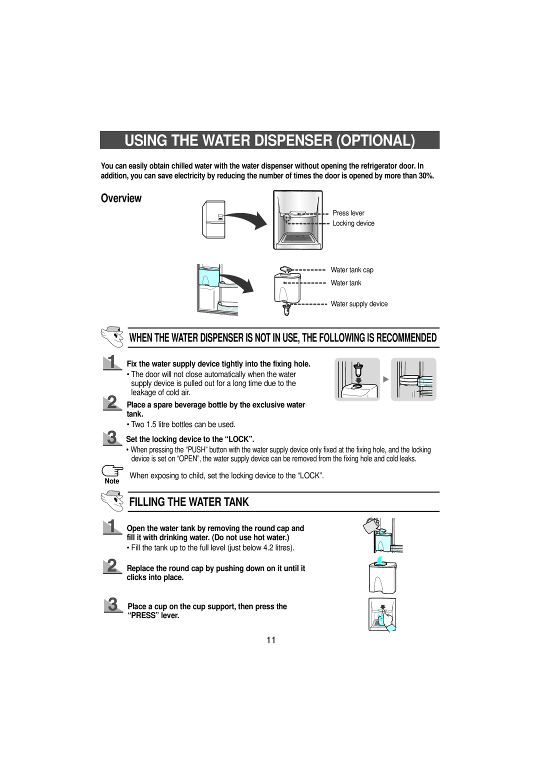 Samsung SN629ECSWQ/BUL, SN629EPNSQ/ETL, SN629ECSWQ/XEH Using the Water Dispenser Optional, Overview, Filling the Water Tank 