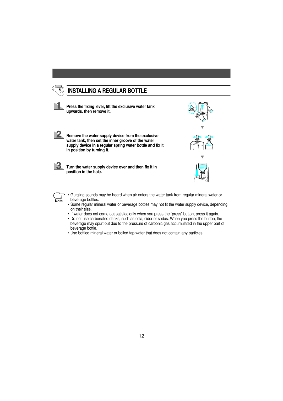 Samsung SN629EPNSQ/ETL, SN629ECSWQ/BUL, SN629ECSWQ/XEH, SN629EPNSQ/XEH manual Installing a Regular Bottle, Beverage bottles 