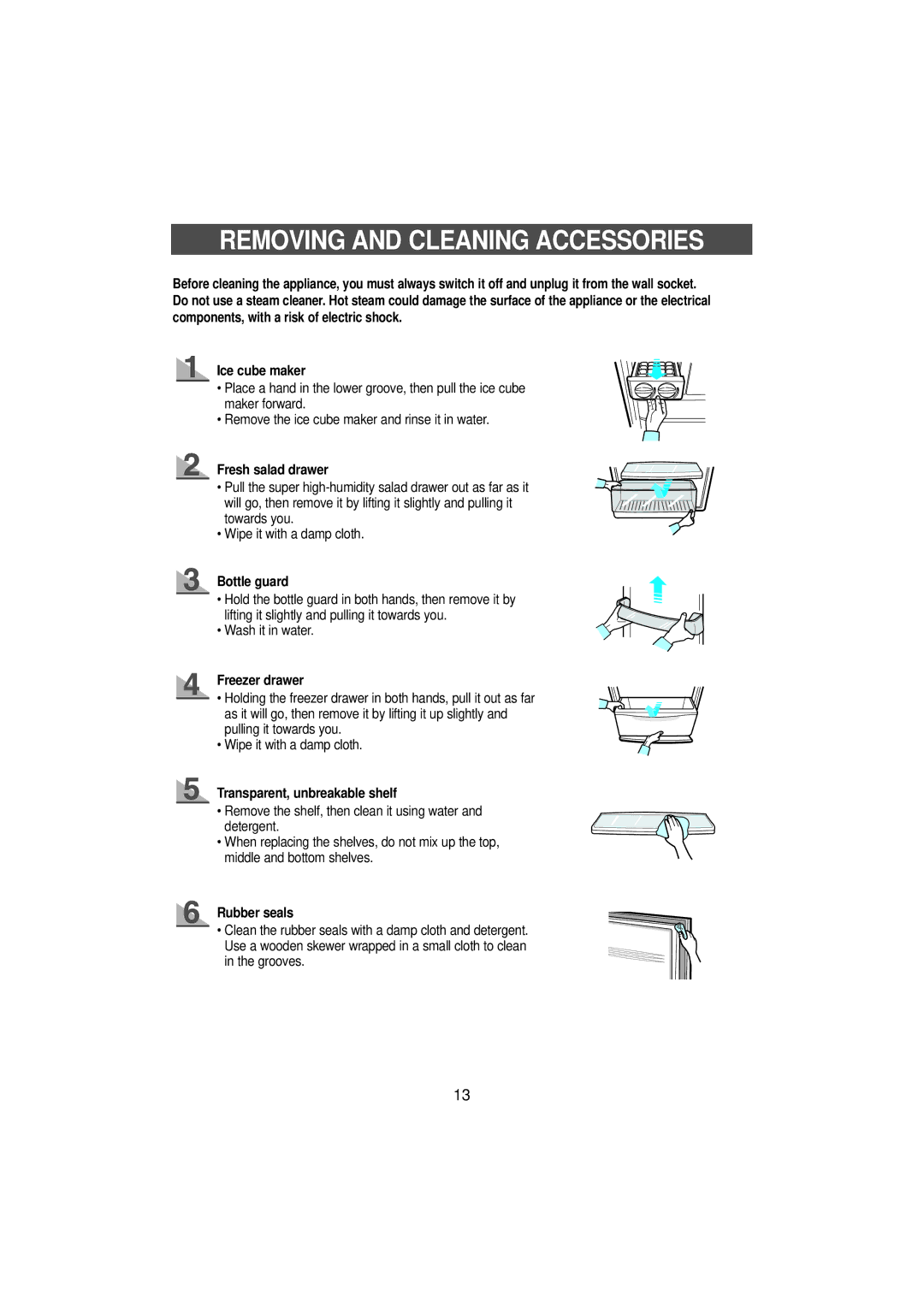 Samsung SN629ECSWQ/XEH, SN629ECSWQ/BUL Removing and Cleaning Accessories, Wash it in water, Freezer drawer, Rubber seals 