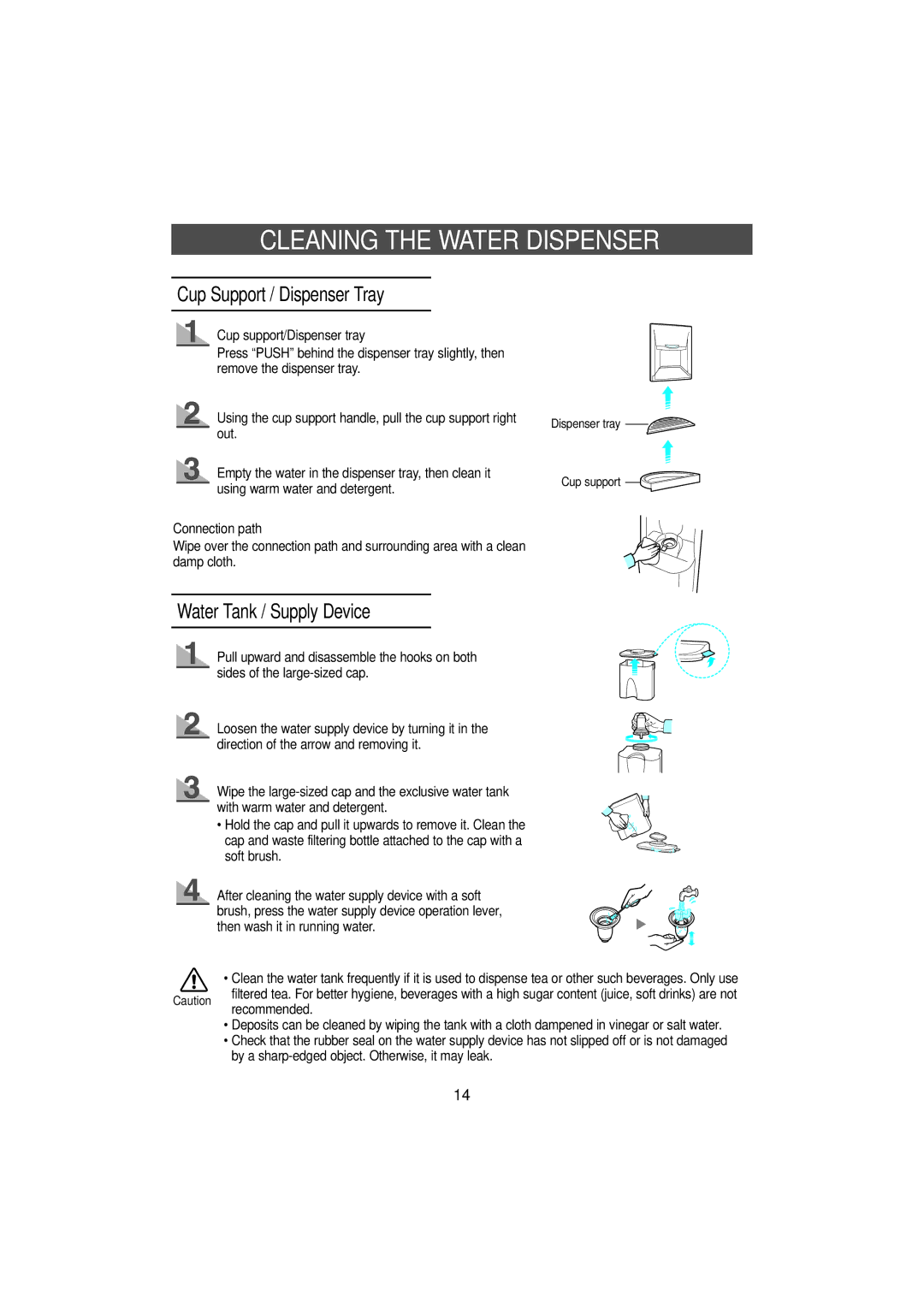 Samsung SN629EPNSQ/XEH manual Cleaning the Water Dispenser, Cup Support / Dispenser Tray, Water Tank / Supply Device 