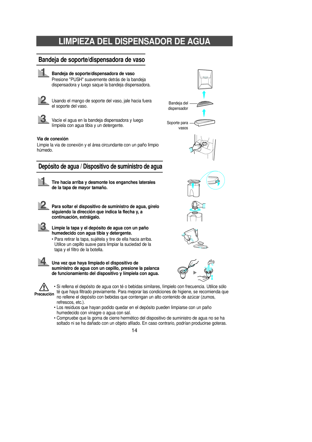 Samsung SR-L629EV manual Limpieza DEL Dispensador DE Agua, Bandeja de soporte/dispensadora de vaso, Via de conexió n 