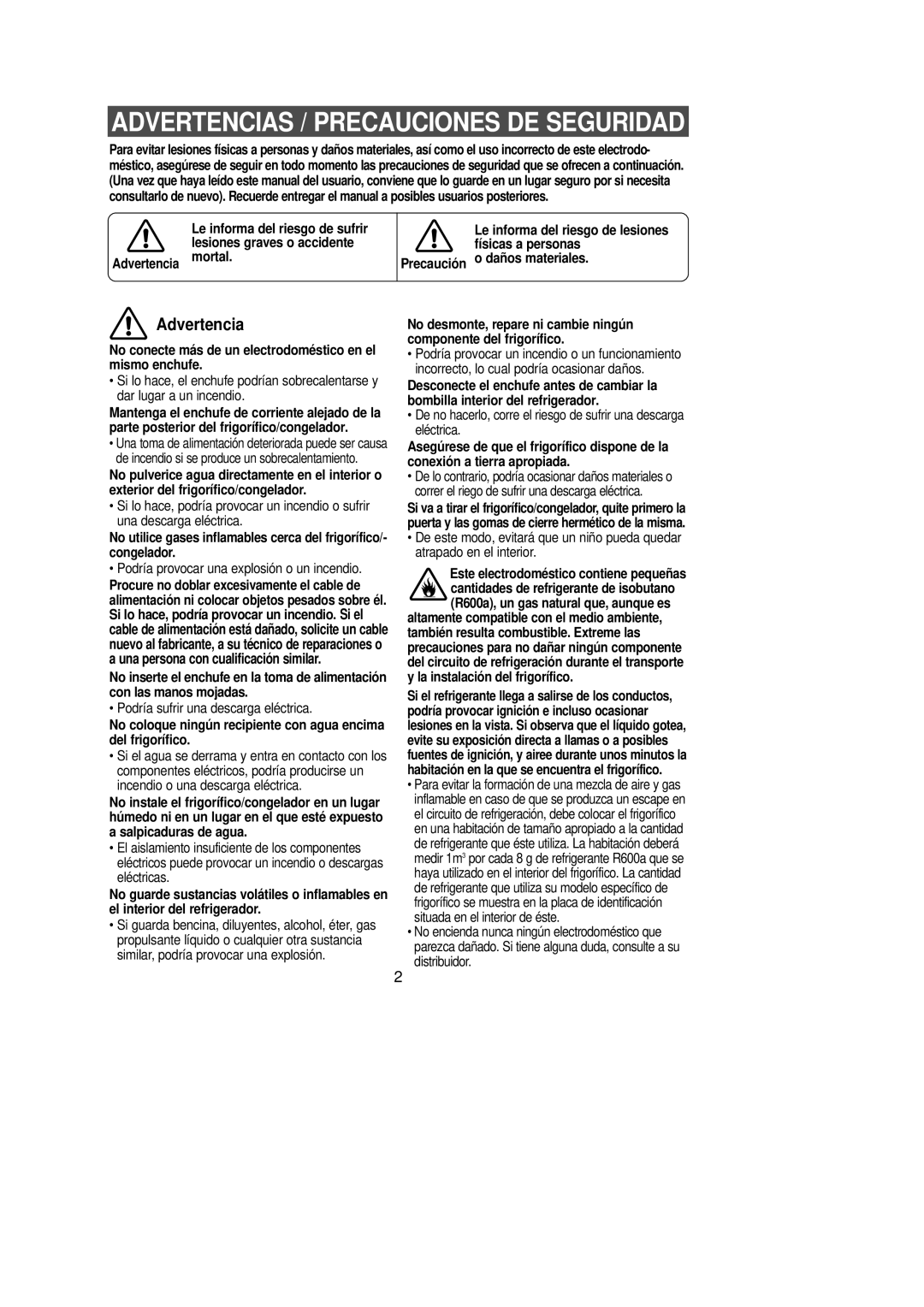 Samsung SR-L629EV, SN629EPNSQ/XEF, SN623ECSWQ/XEF, SG629ECSWQ/XEF No conecte más de un electrodoméstico en el mismo enchufe 