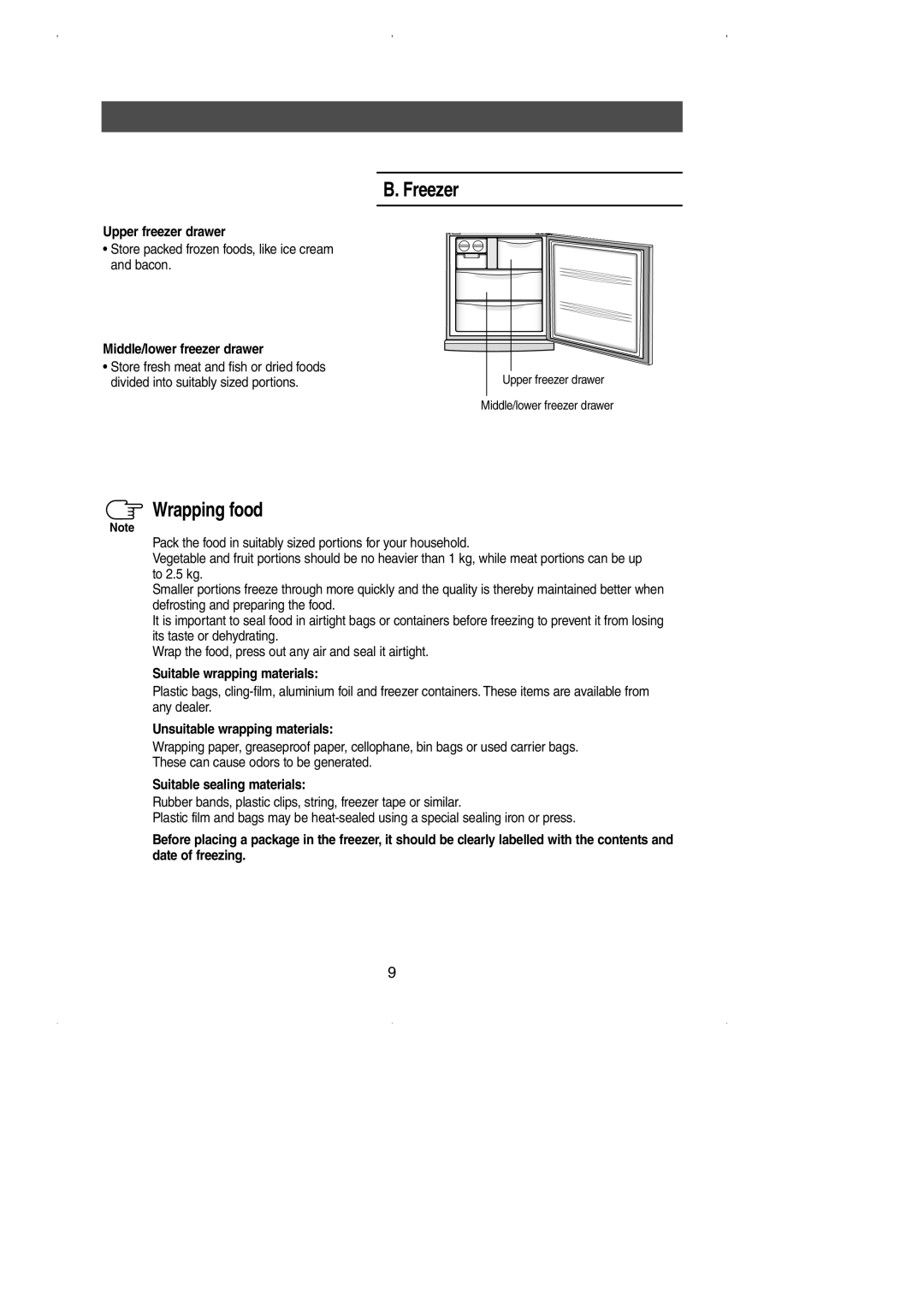 Samsung SN629EPNSQ/EUR, SN629EPNSQ/XEP, SN629EPNSQ/XEO, SN629EPNSQ/XEH, SN629ECSWQ/EUT, SG629ECSWH/EUT Freezer, Wrapping food 