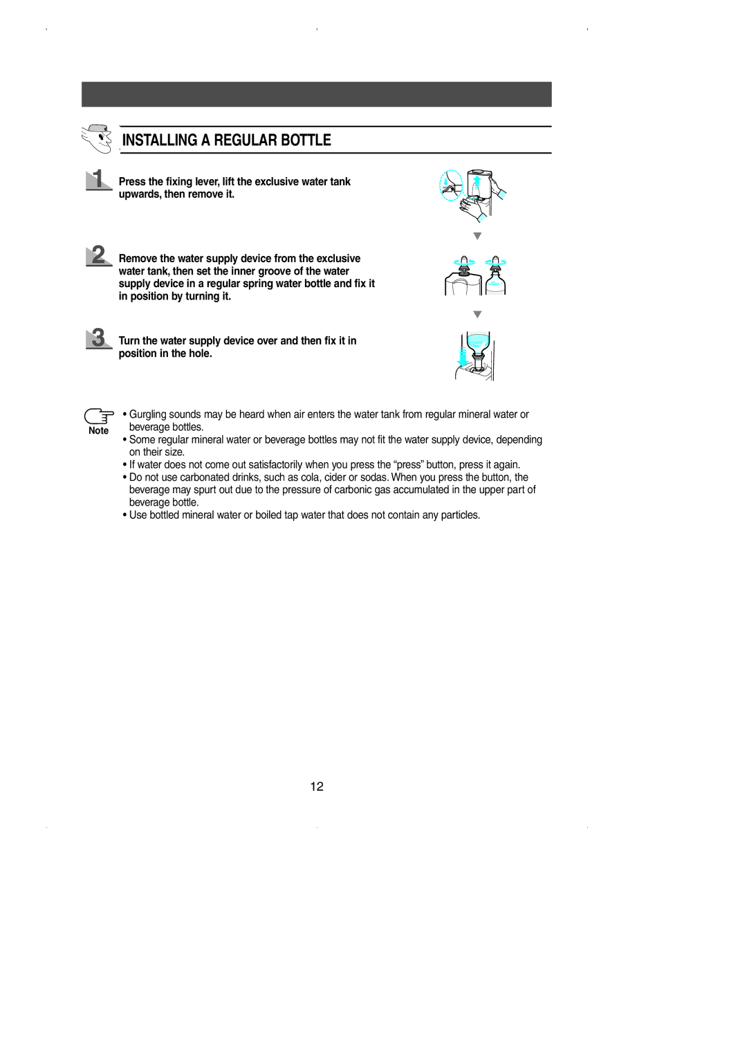 Samsung SN629EPNSQ/EUT, SN629EPNSQ/XEP, SN629EPNSQ/XEO, SN629EPNSQ/XEH, SN629EPNSQ/EUR manual Installing a Regular Bottle 