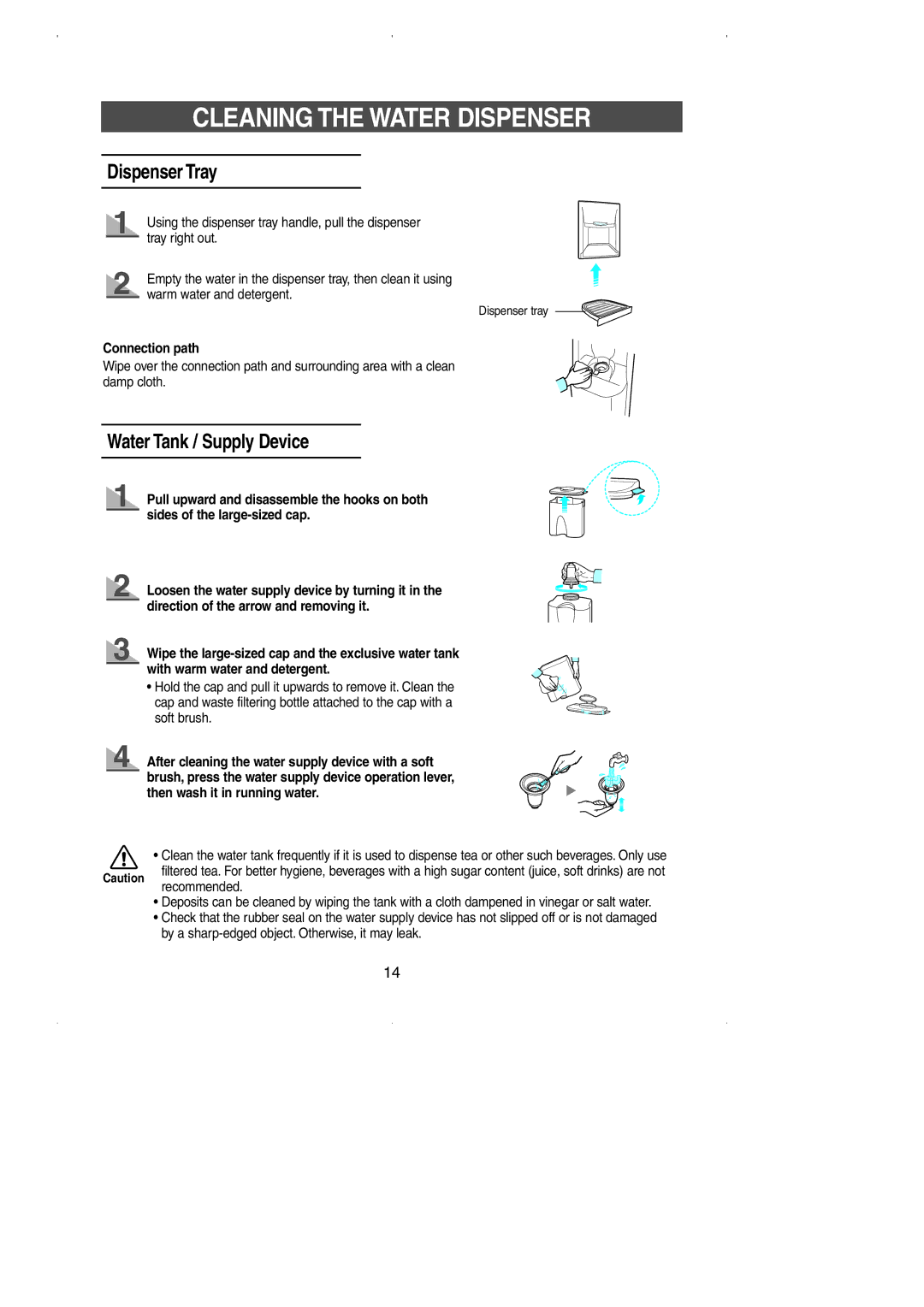 Samsung SN629EPNSQ/XEO manual Cleaning the Water Dispenser, Dispenser Tray, Water Tank / Supply Device, Connection path 