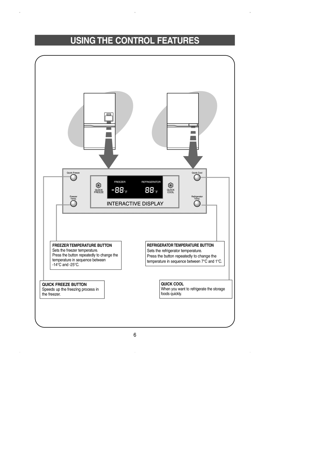 Samsung SN629EPNSQ/XEP, SN629EPNSQ/XEO, SN629EPNSQ/XEH manual Using the Control Features, Refrigerator Temperature Button 