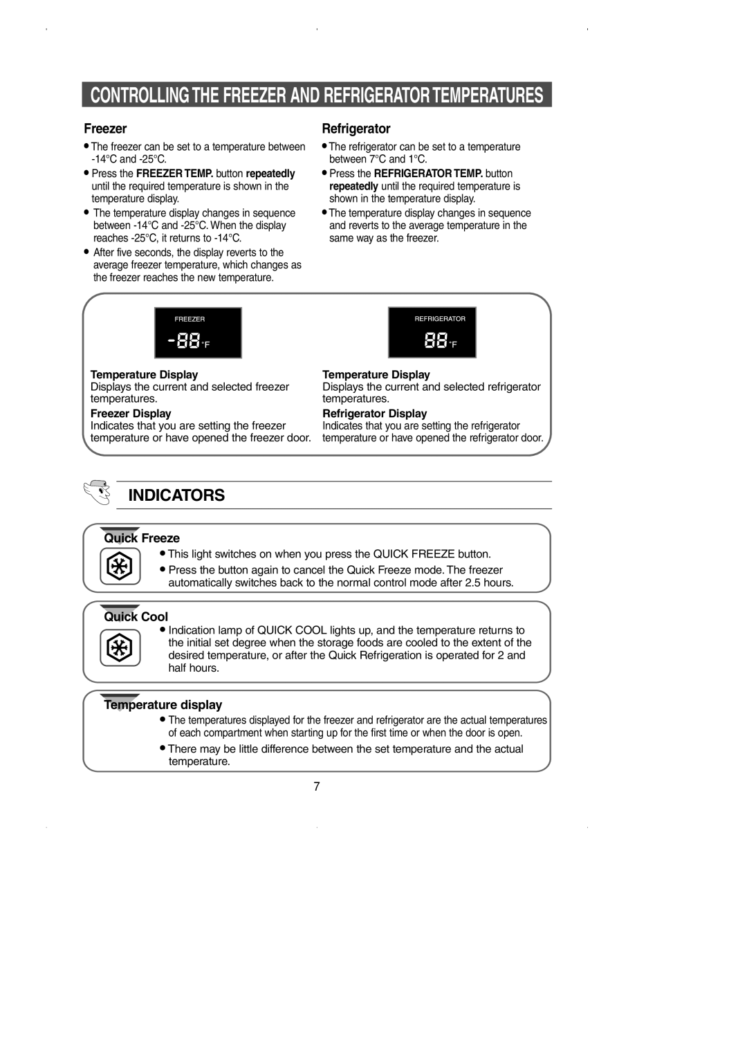 Samsung SN629EPNSQ/XEO, SN629EPNSQ/XEP manual Indicators, Temperature Display, Freezer Display, Refrigerator Display 