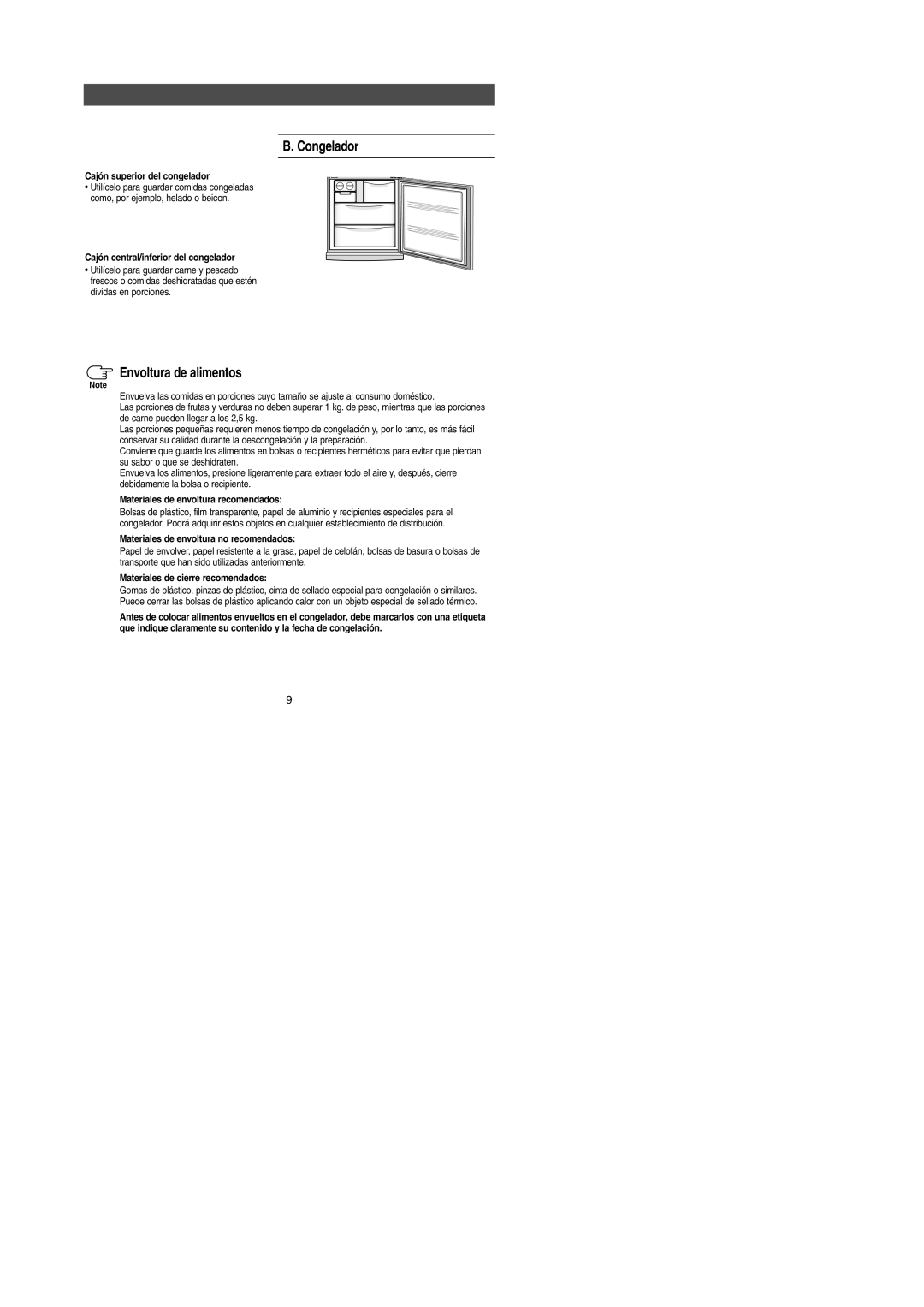 Samsung SN629EPPSQ/XES manual Cajón superior del congelador, Cajón central/inferior del congelador 