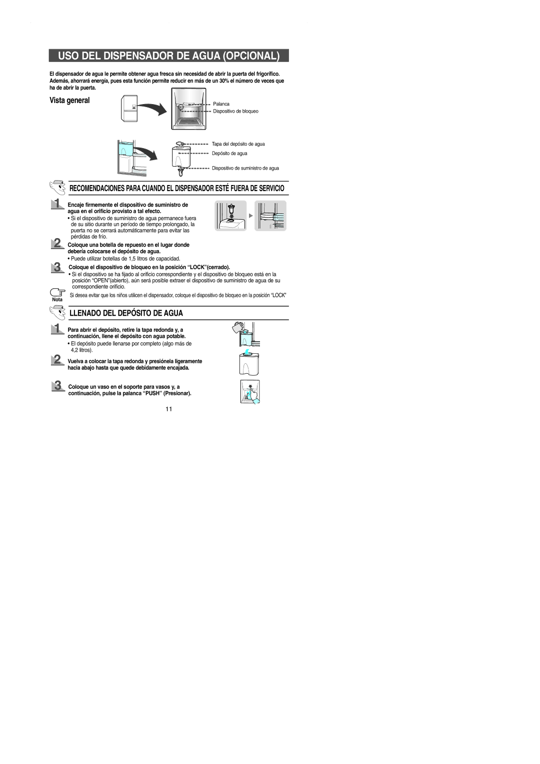 Samsung SN629EPPSQ/XES manual USO DEL Dispensador DE Agua Opcional, Llenado DEL Depósito DE Agua 